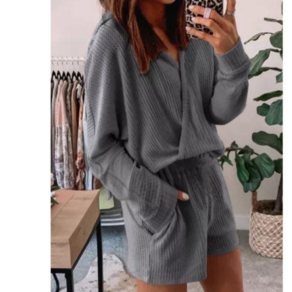 Grey Waffle PJ set ☆ Pockets & Hoodie - Picture 3 of 10